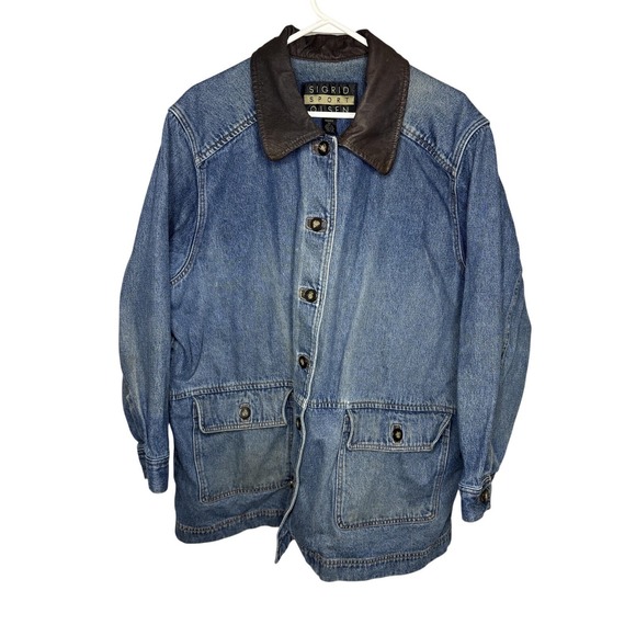 Vtg Barn Jacket Chore Coat Women's 2X Blue Denim Brown Collar Utility 90s Grunge - Picture 1 of 8